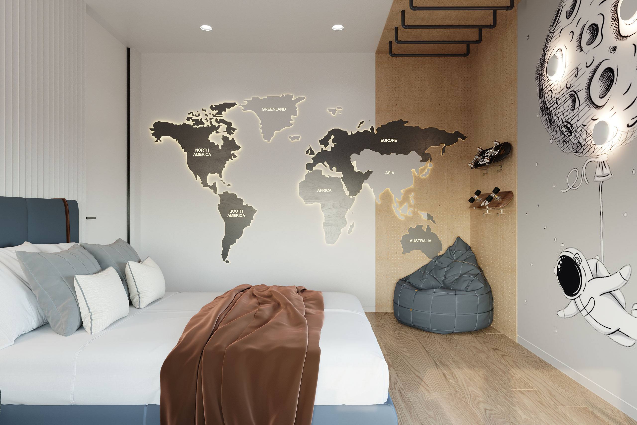 Карта світу з підсвіткою на стіні у дитячій
